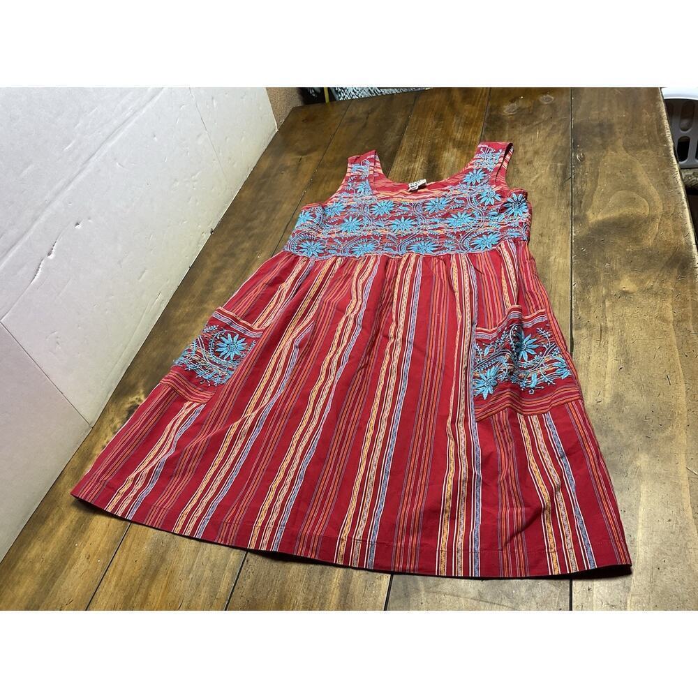 Sister Mary Dress Womens Small Red Striped Embroidered Boho Tunic Artsy Travel